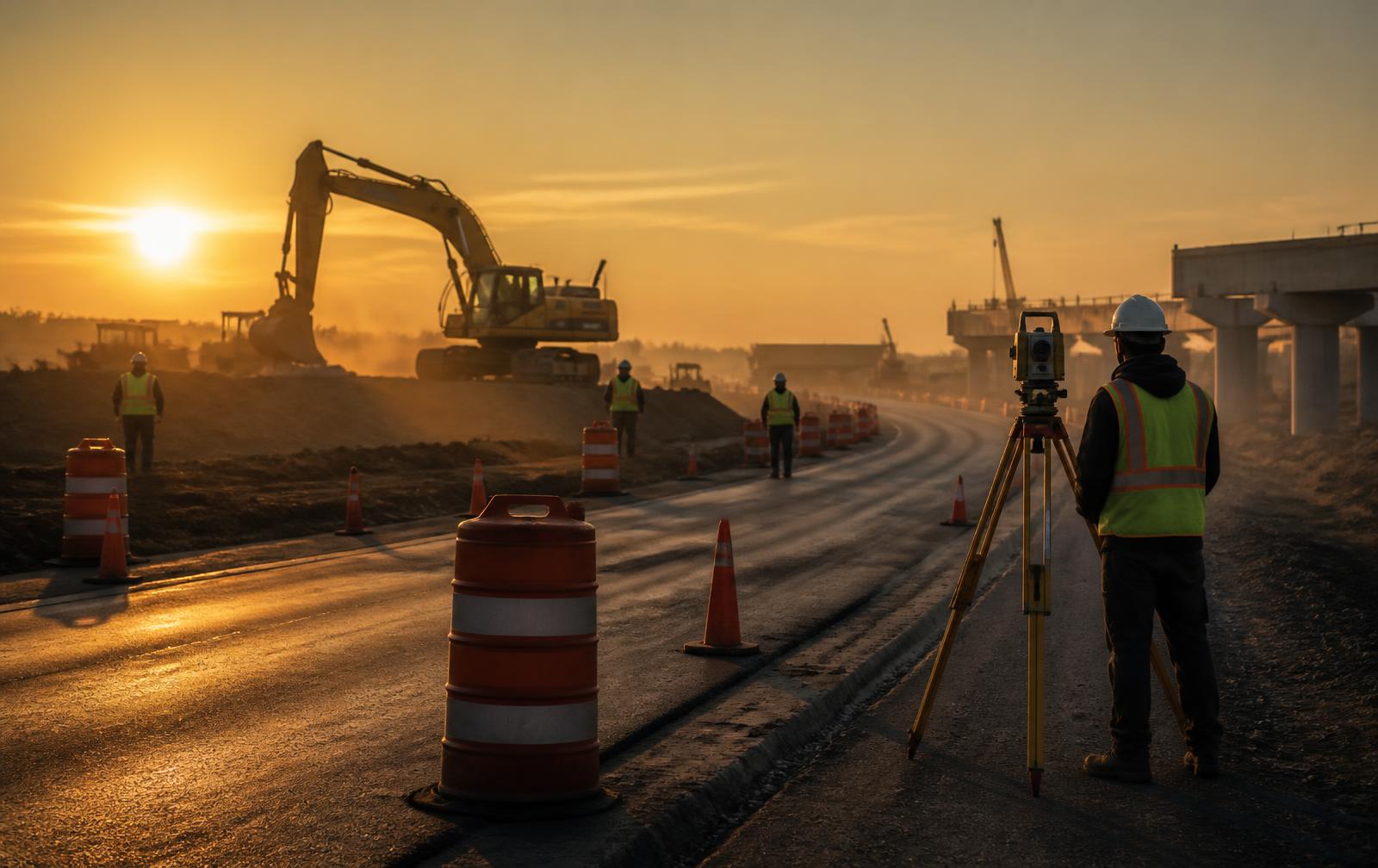 Highway construction crew and traffic control devices at a work zone